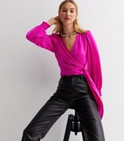 New Look Bright Pink Satin V Neck Long Sleeve Tie Side Wrap Top